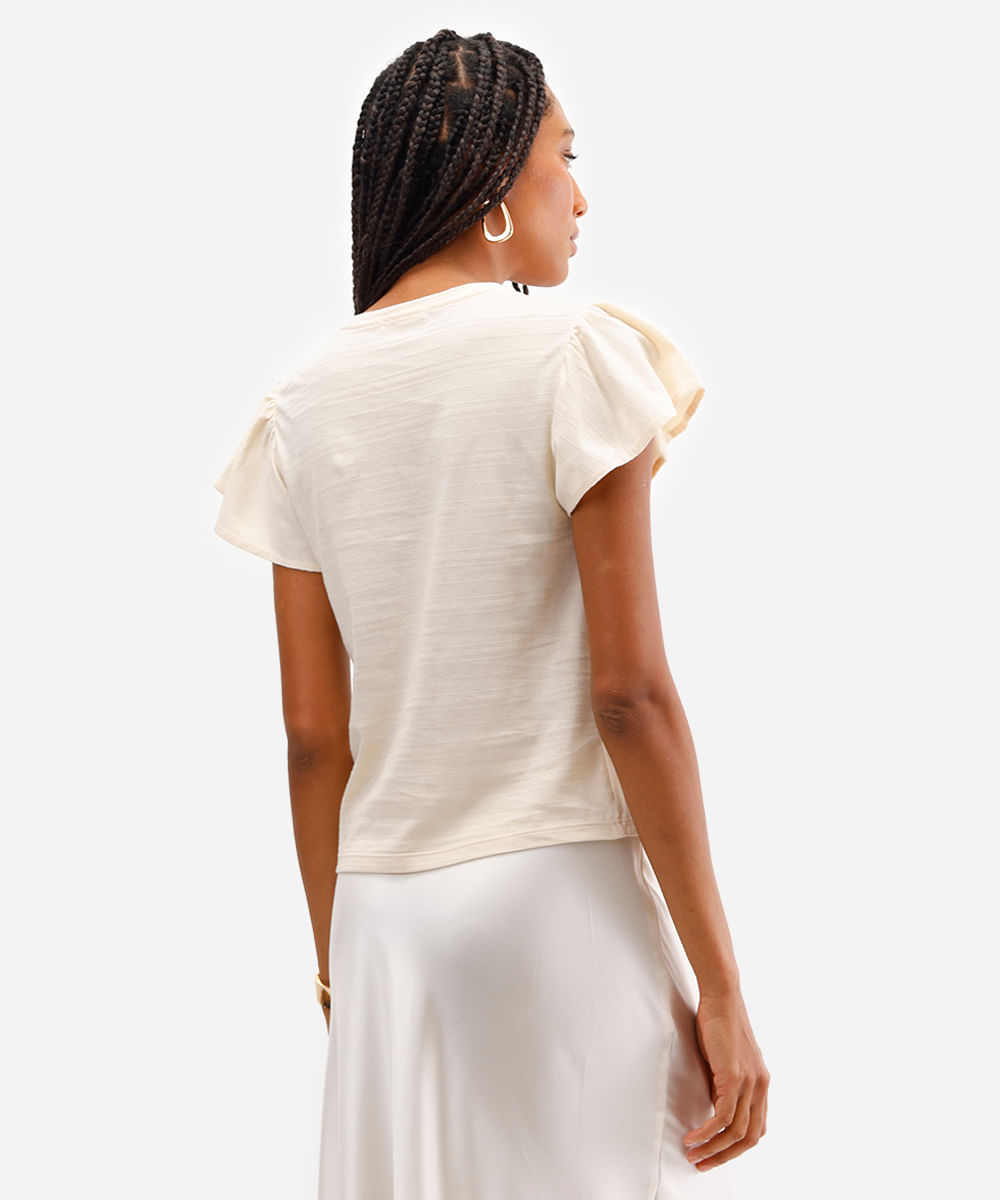 camiseta de algodão texturizada manga curta babado - areia