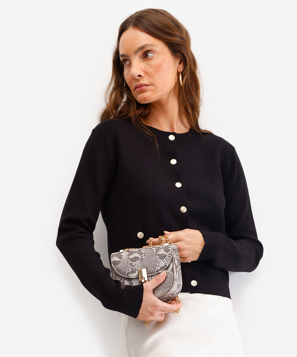 cardigan feminino de tricot com bolsos preto