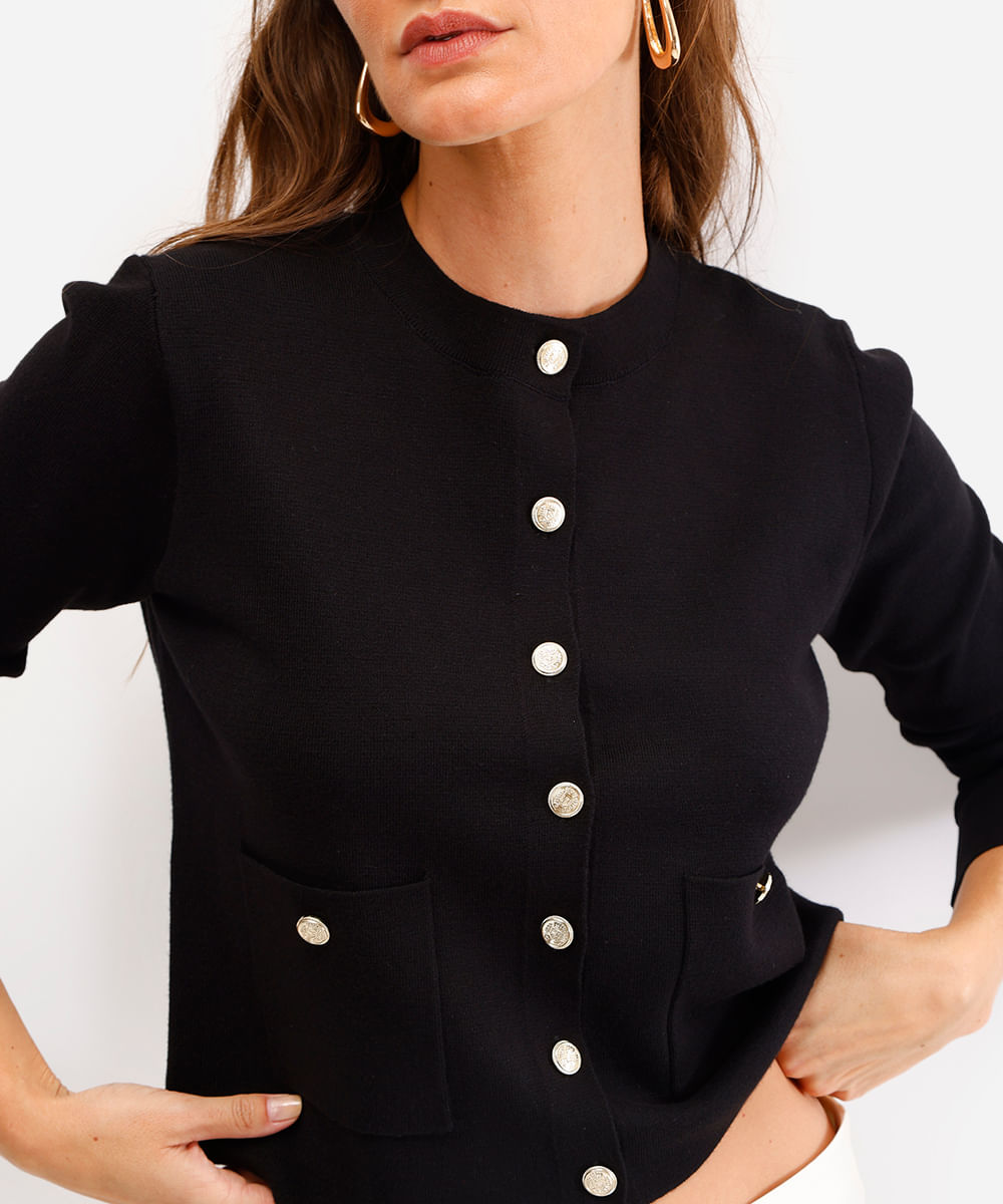 cardigan feminino de tricot com bolsos preto