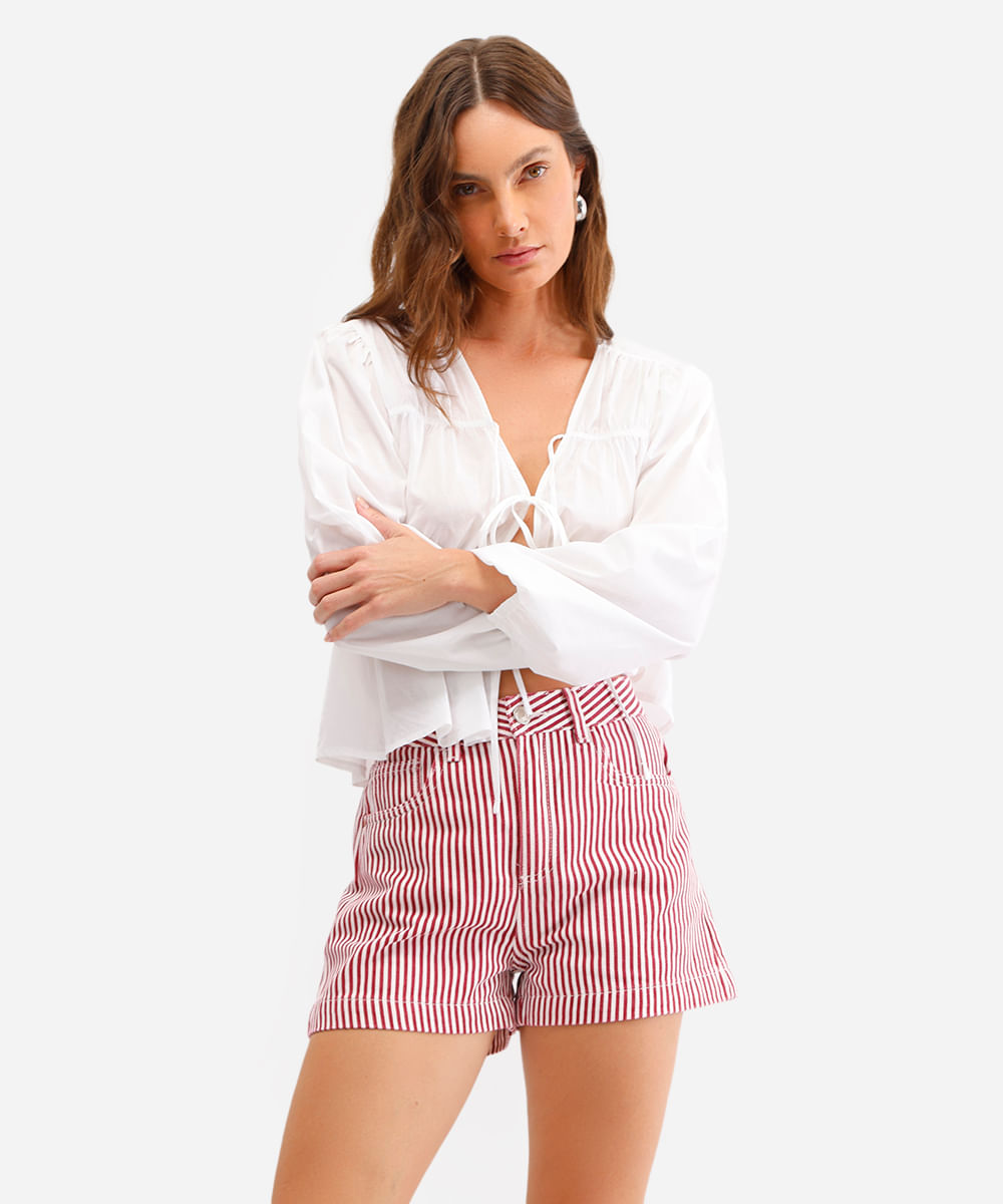 short mom feminino de sarja listrado vermelho