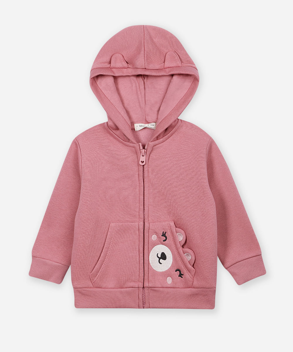 jaqueta infantil de moletom com capuz rosa