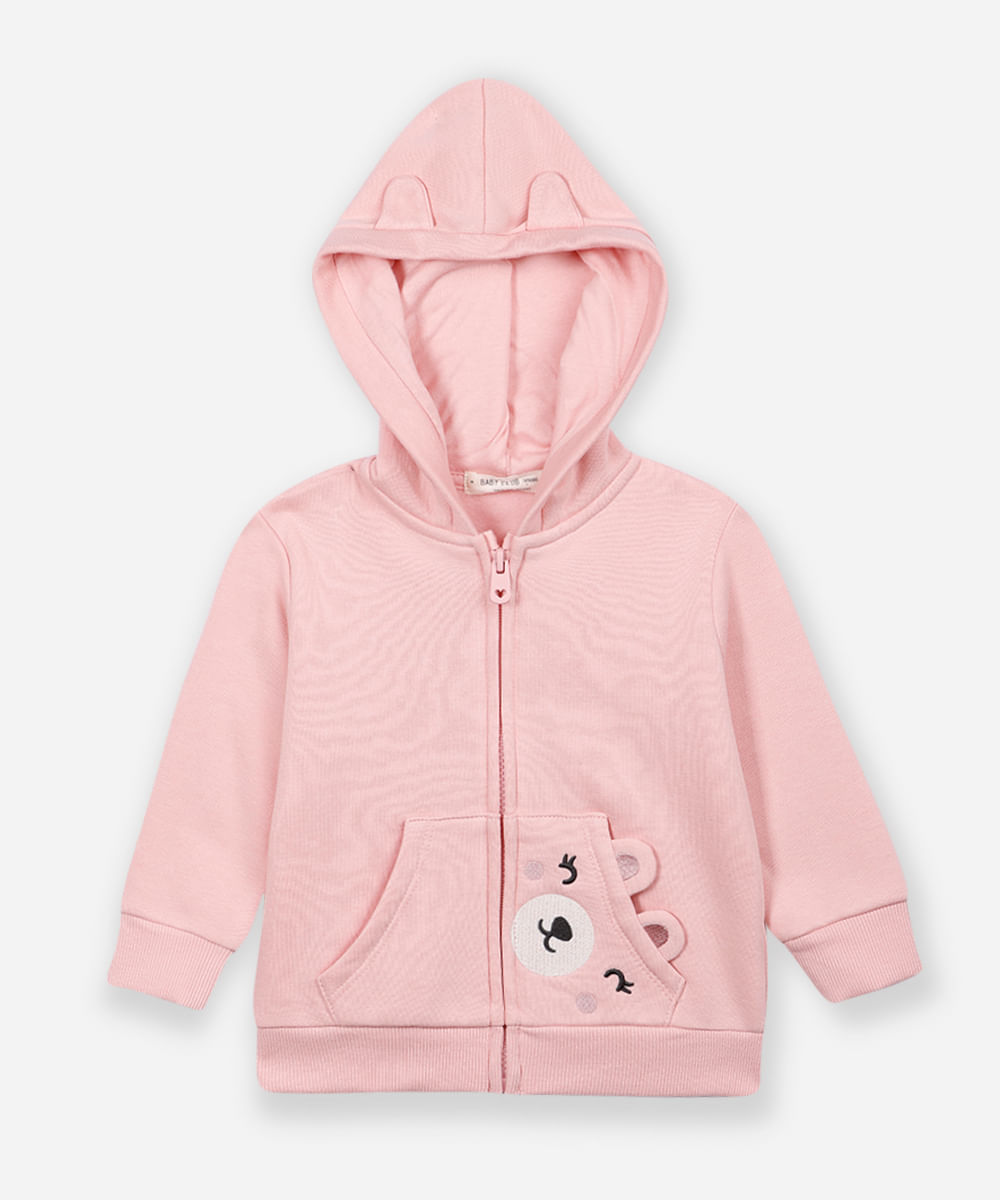 jaqueta de moletom infantil com capuz ursinho rosa