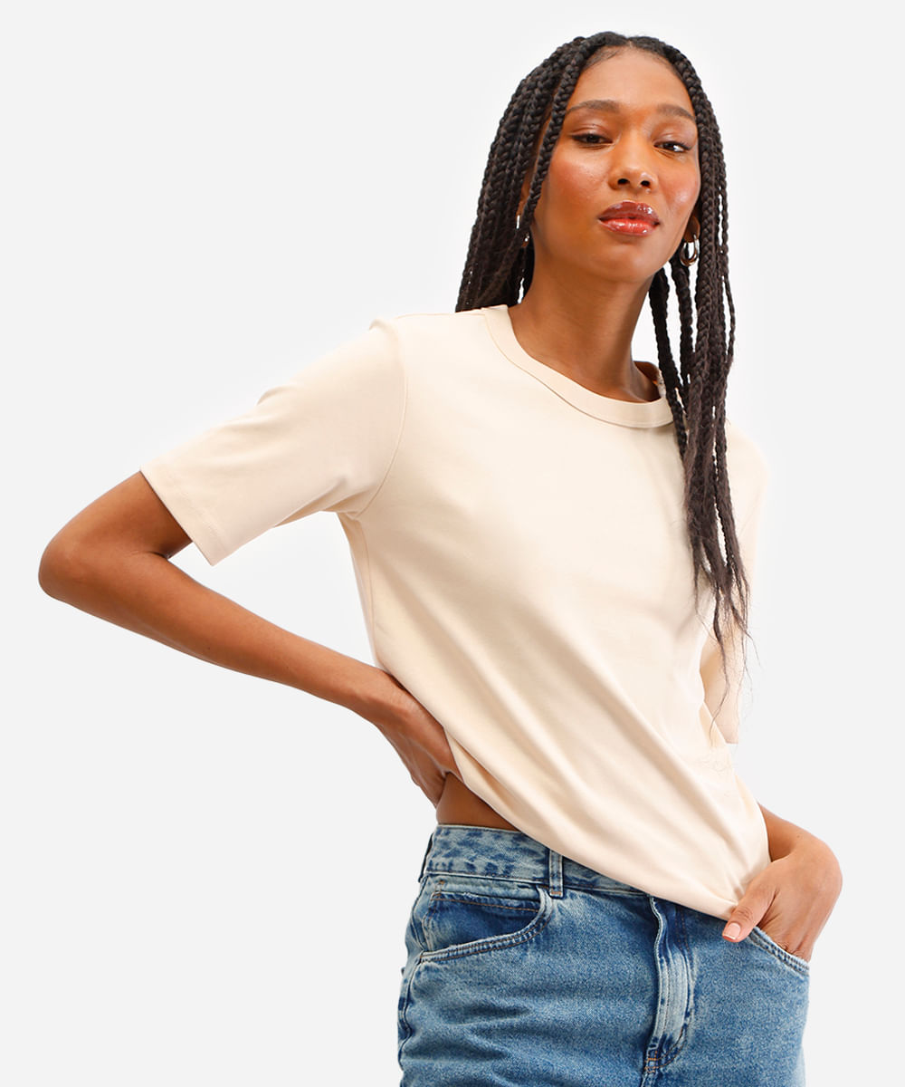 camiseta básica feminina de algodão peruano interlock bege