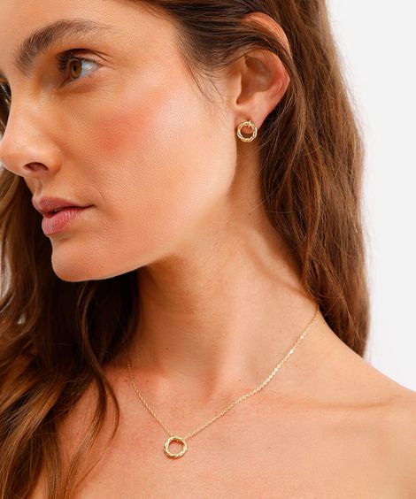 kit feminino de colar e brinco redondo dourado