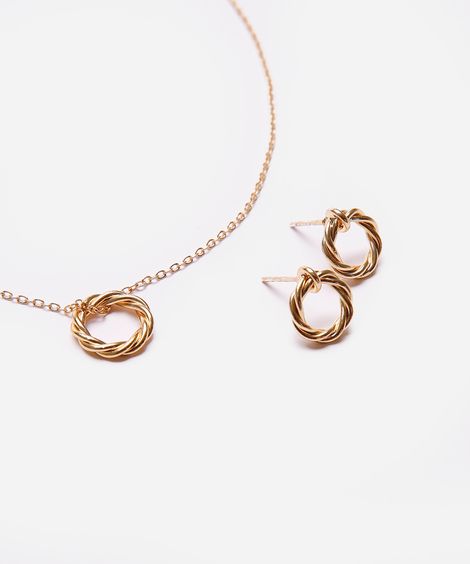 kit feminino de colar e brinco redondo dourado
