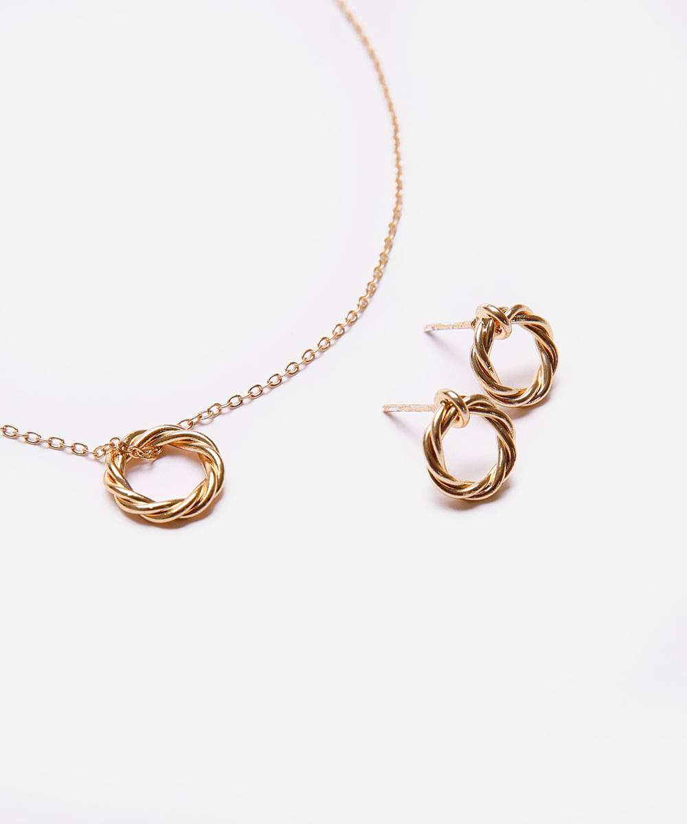 kit feminino de colar e brinco redondo dourado