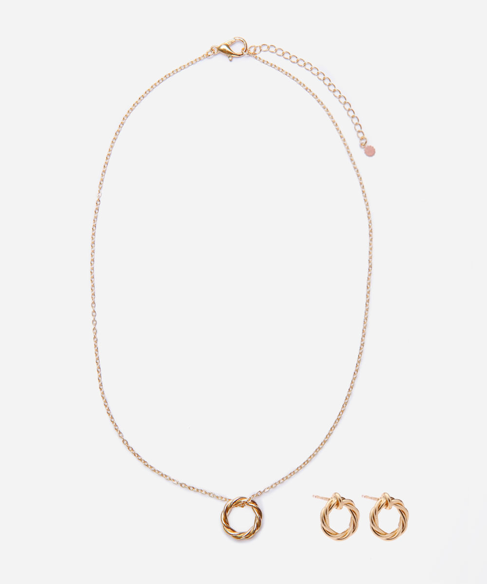 kit feminino de colar e brinco redondo dourado