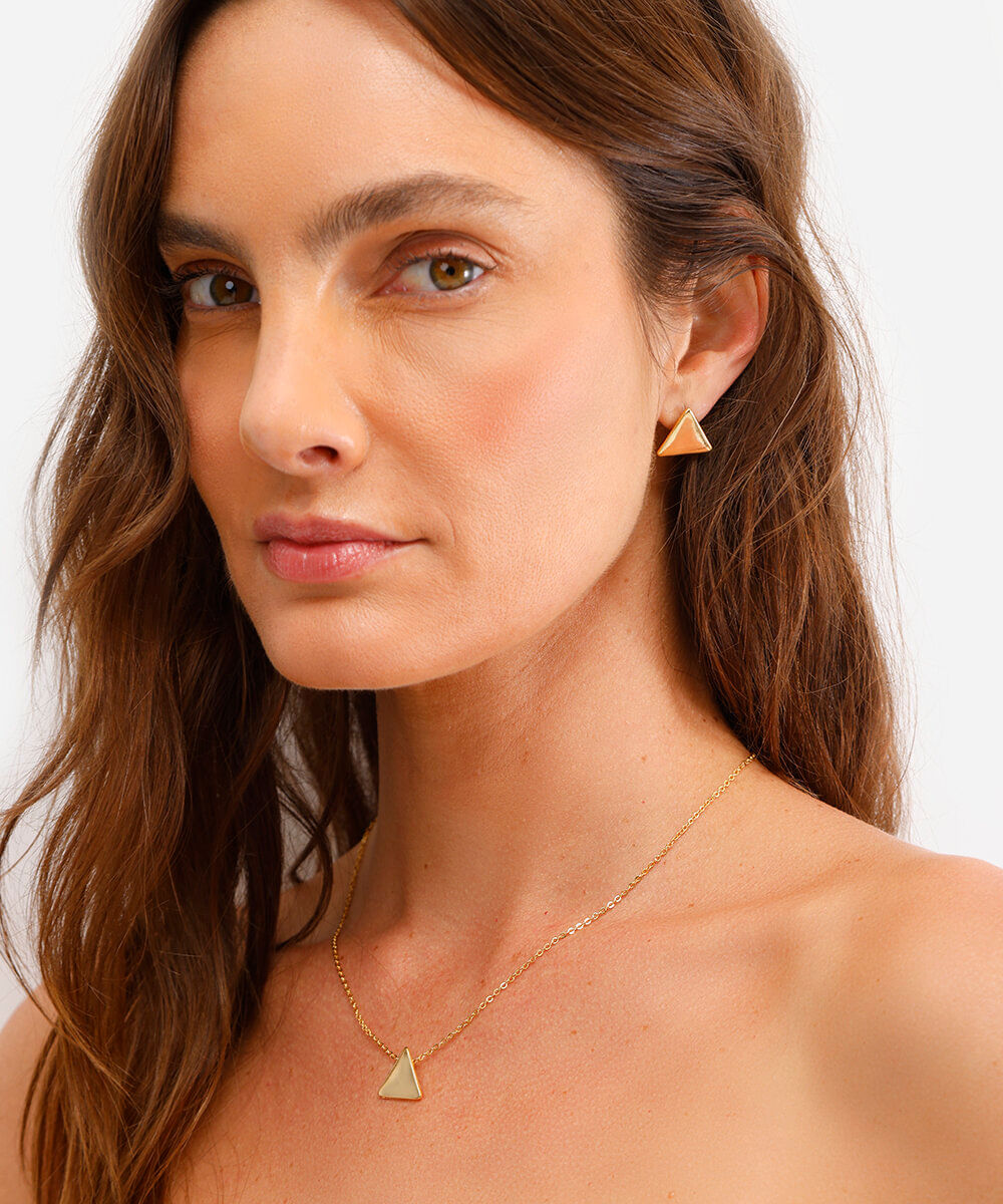 kit feminino de colar e brinco triangular dourado