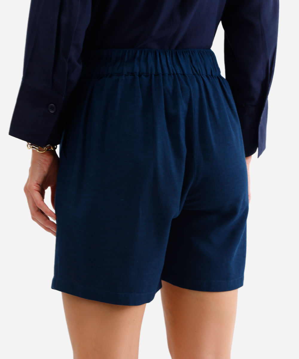 short feminino com linho cós elástico azul