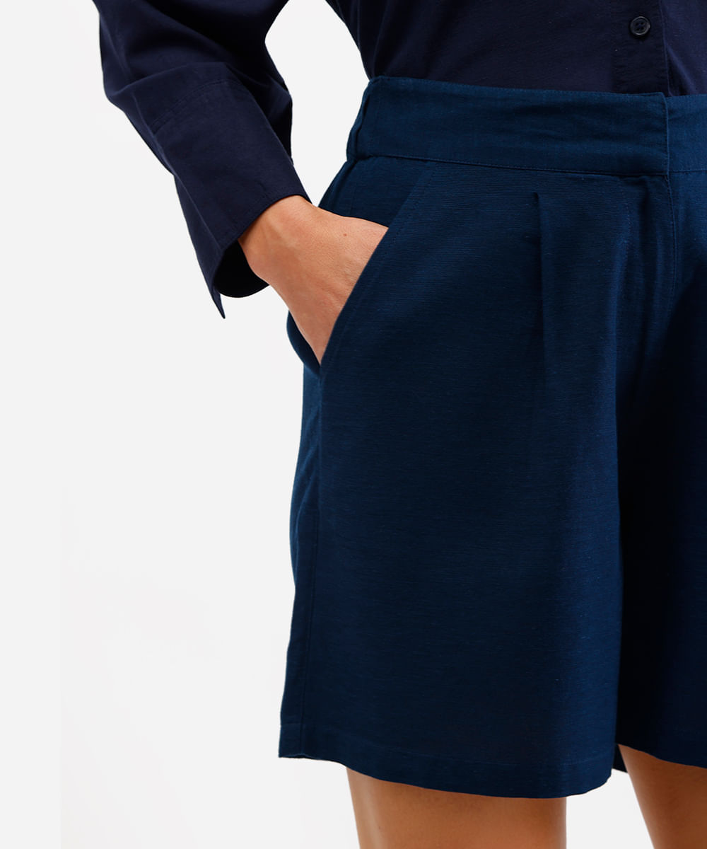 short feminino com linho cós elástico azul
