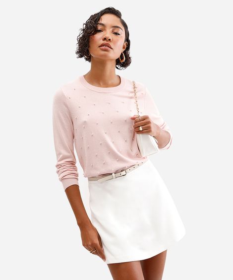 suéter de tricô com pérolas rosa