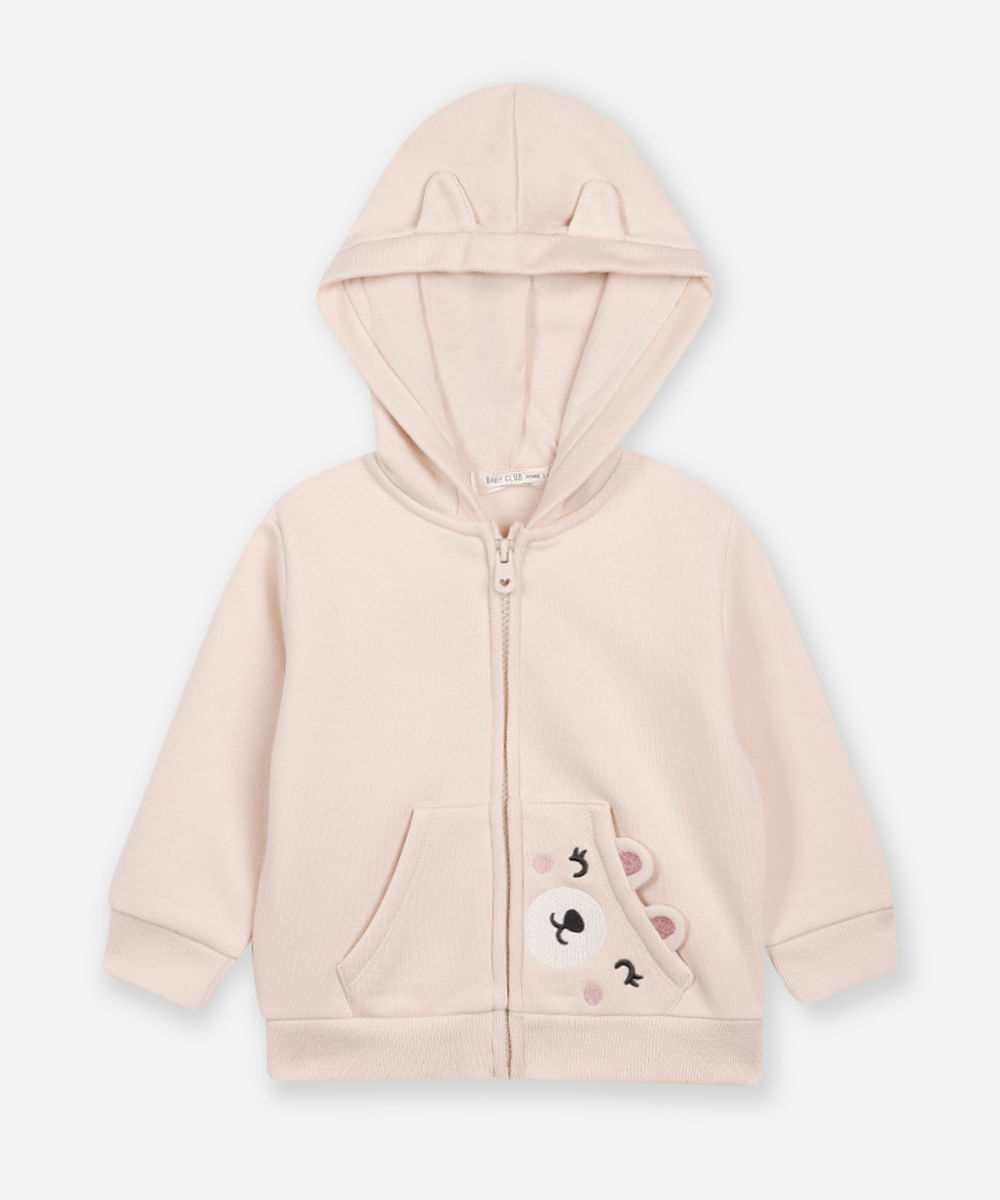 jaqueta infantil de moletom com capuz bege