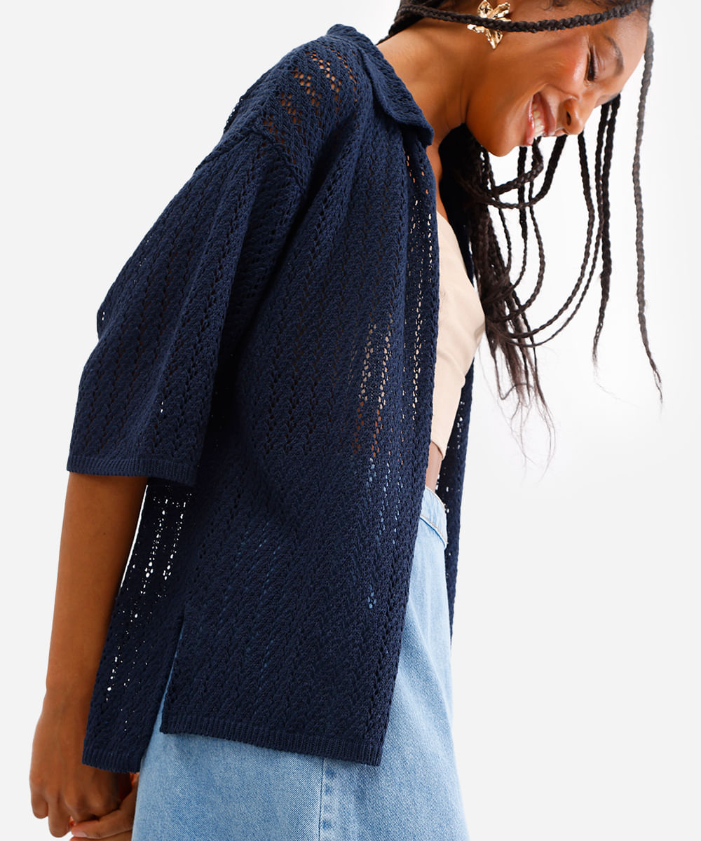 camisa feminina de tricot aberta azul