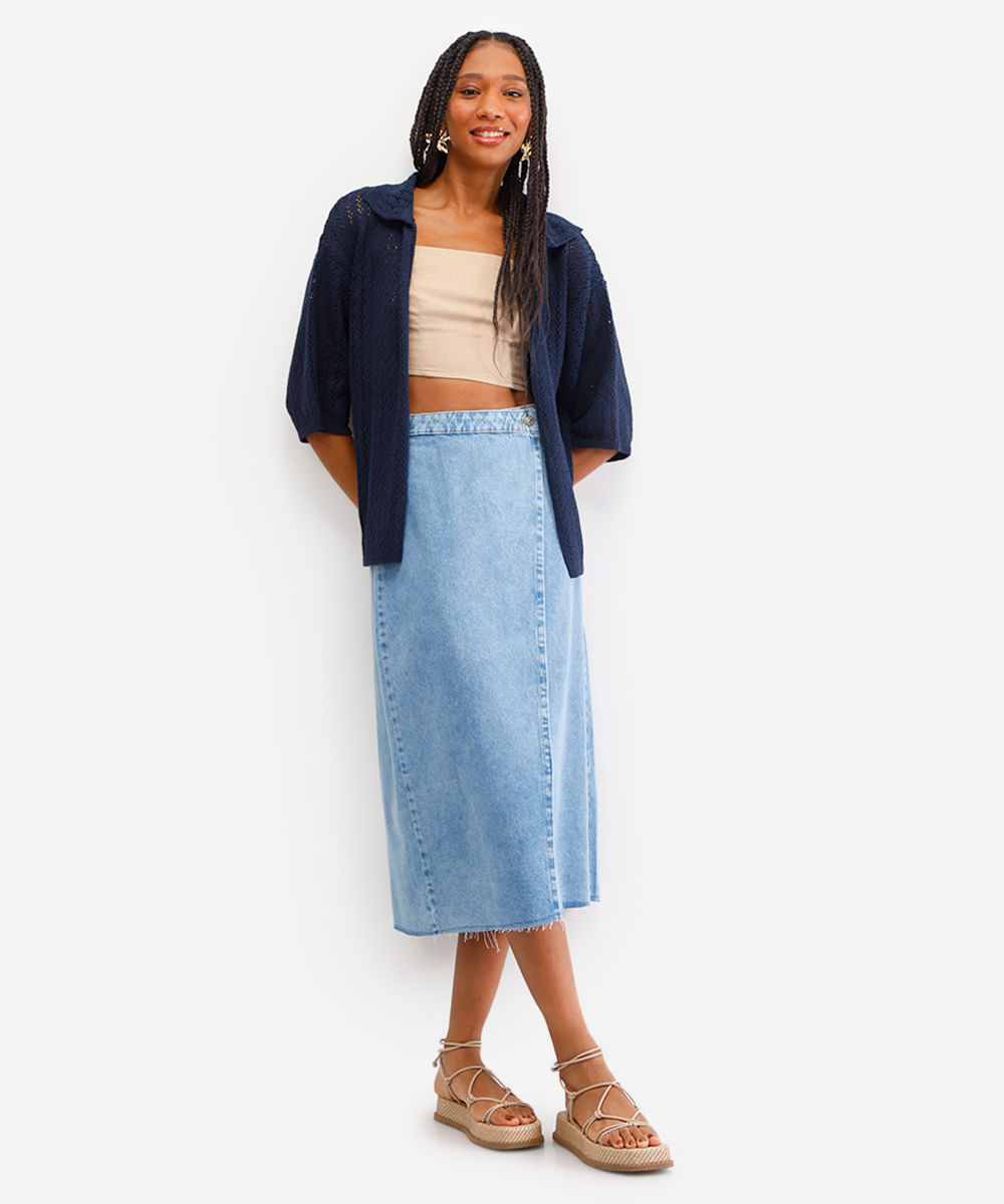camisa feminina de tricot aberta azul
