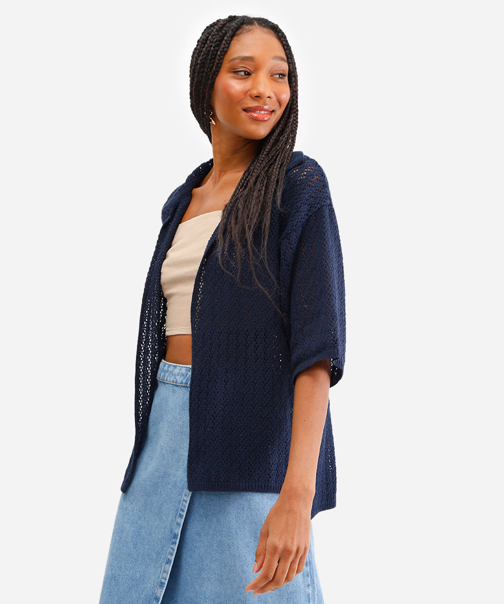 camisa feminina de tricot aberta azul