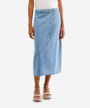 saia midi feminina transpassada jeans azul