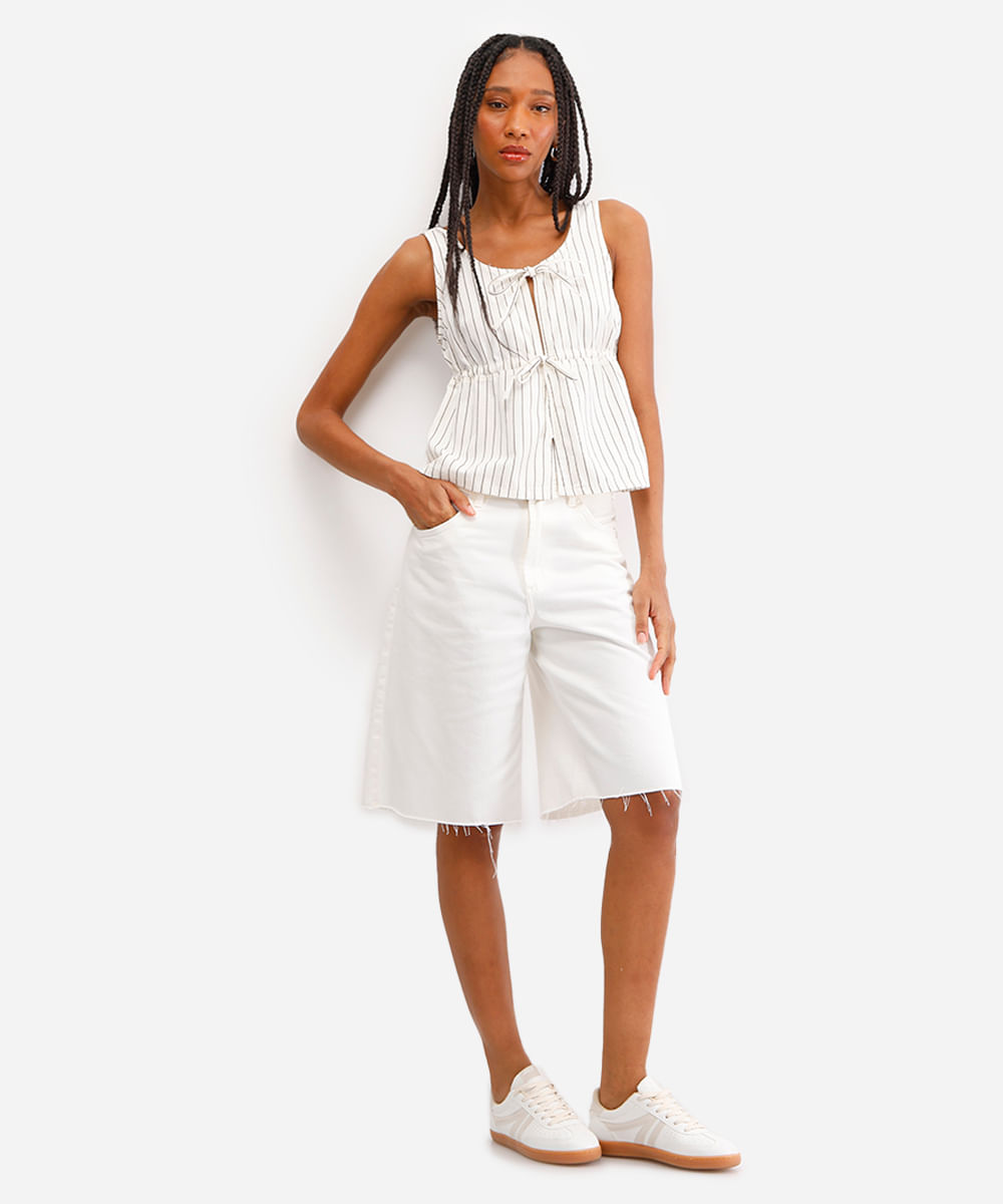 blusa feminina de algodão listrada com amarração off white