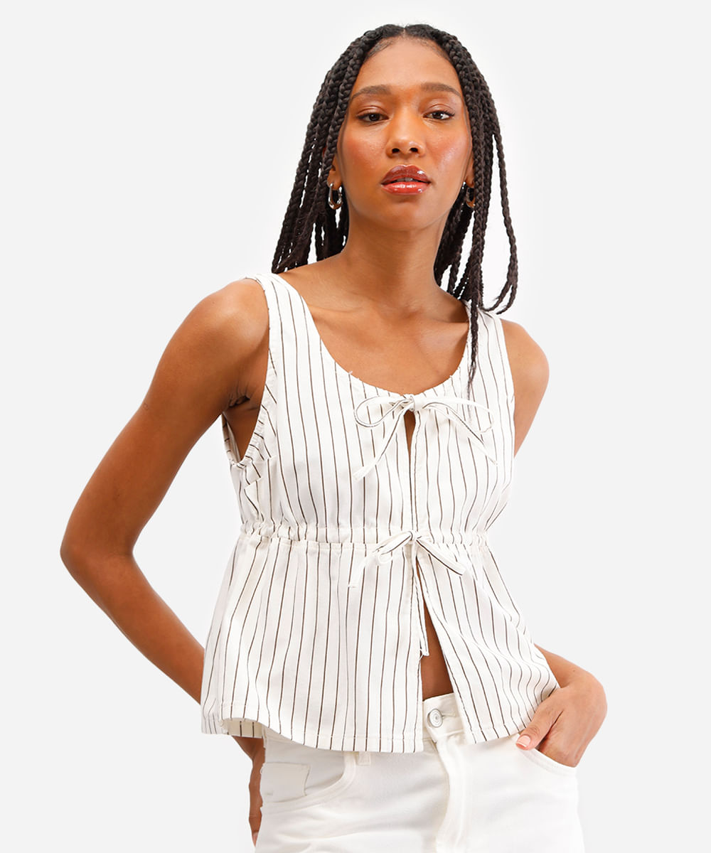 blusa feminina de algodão listrada com amarração off white