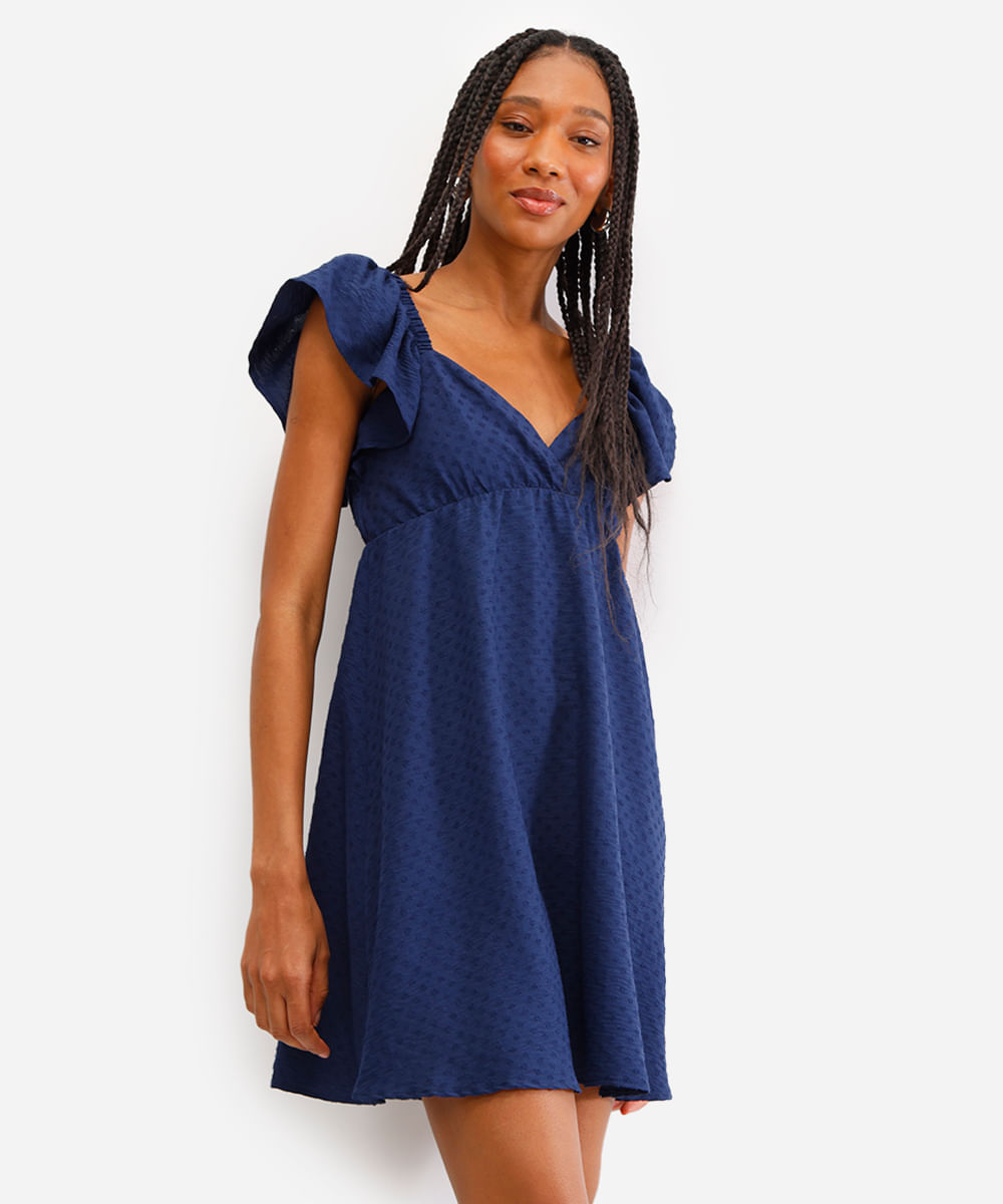 vestido curto feminino texturizado manga bufante azul