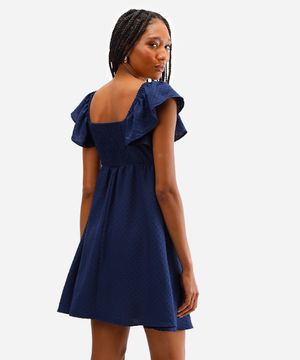 vestido curto feminino texturizado manga bufante azul