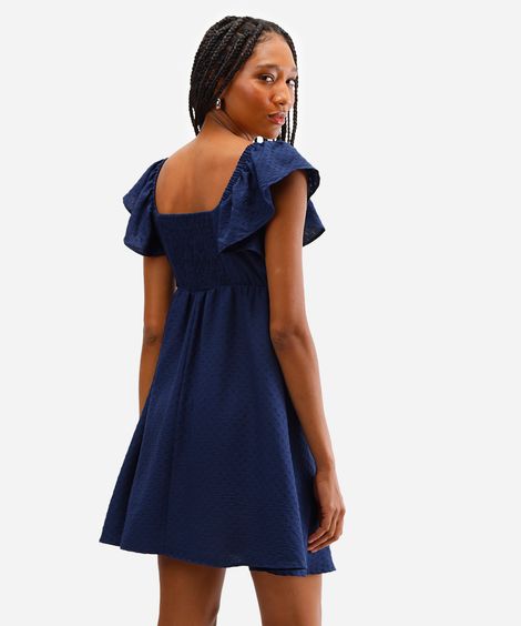 vestido curto feminino texturizado manga bufante azul