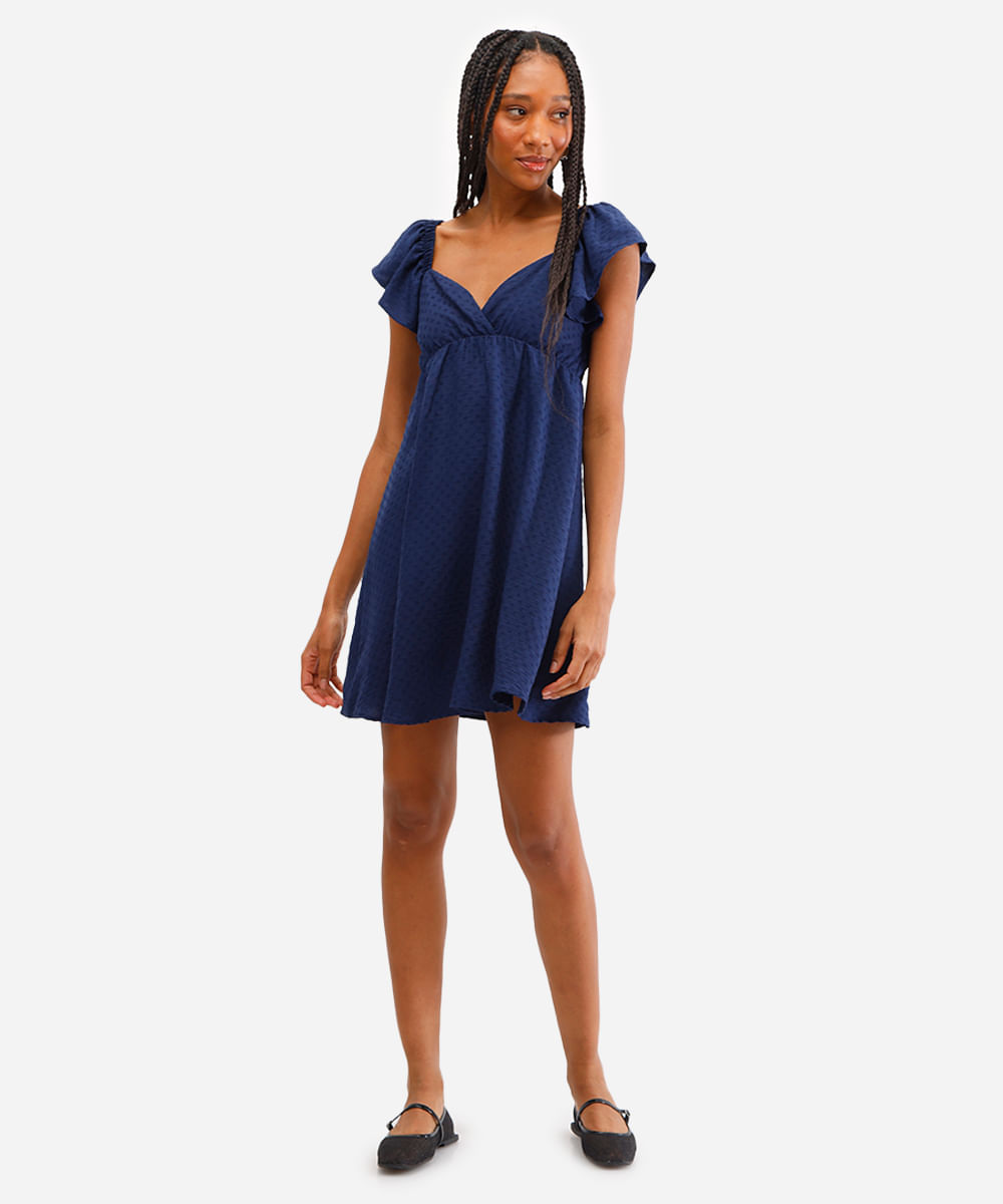 vestido curto feminino texturizado manga bufante azul