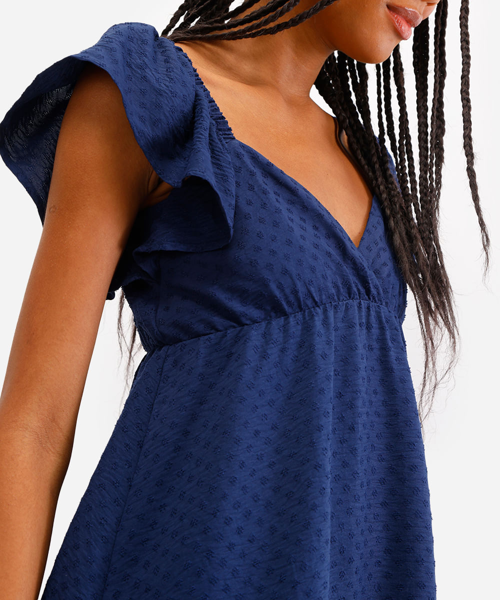 vestido curto feminino texturizado manga bufante azul