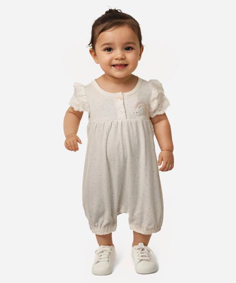 macacão curto infantil poá unicórnio bordado off white