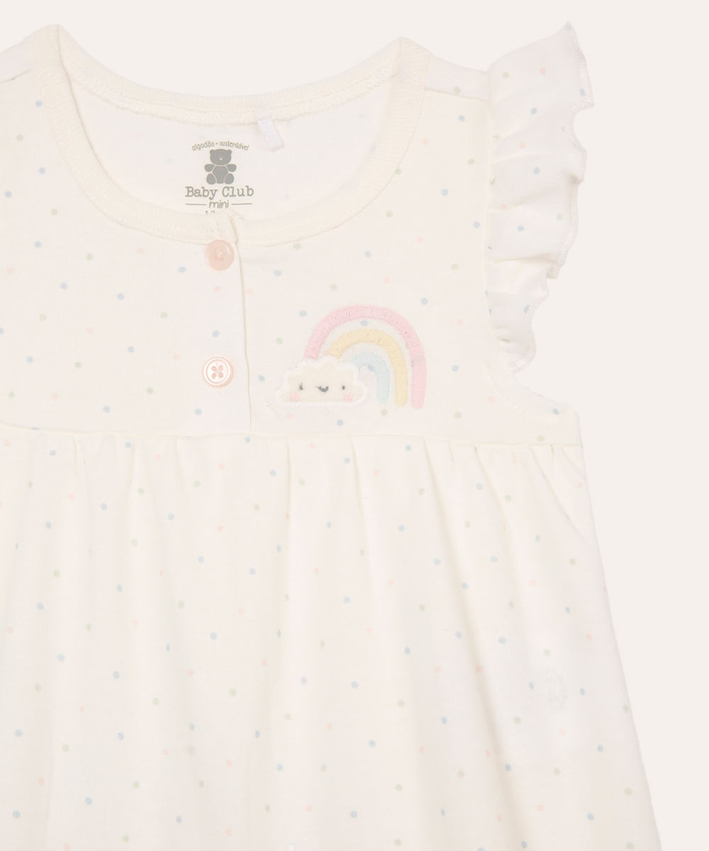 macacão curto infantil poá unicórnio bordado off white