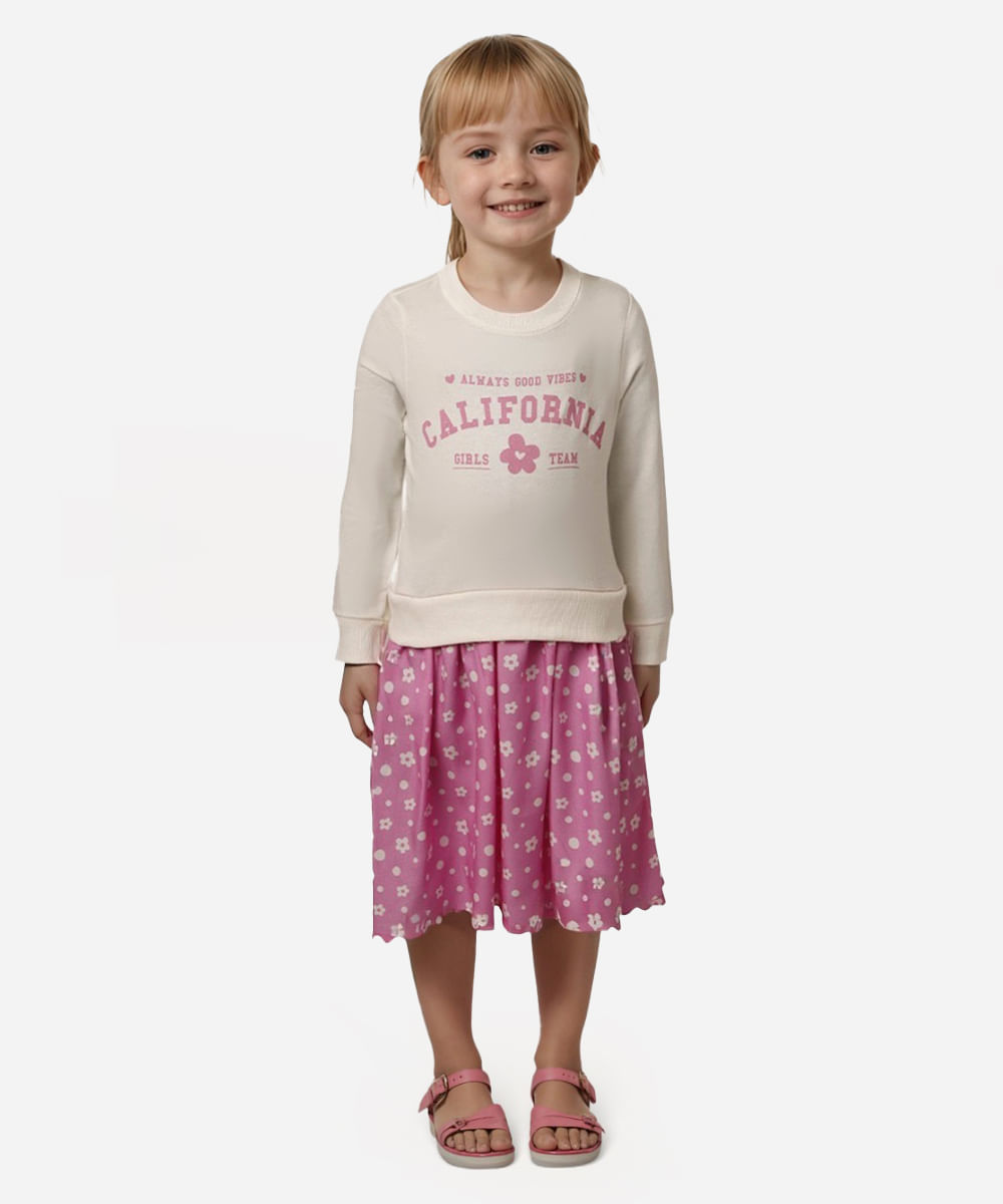 vestido de moletom infantil califórnia floral off white