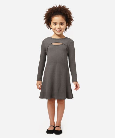 vestido de algodão infantil canelado com recorte cinza