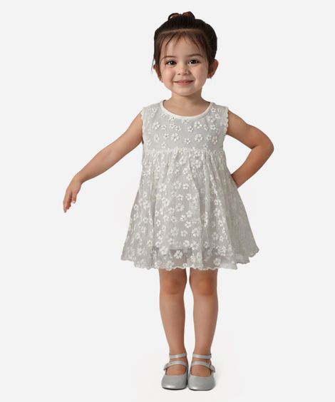 bata de tule infantil floral com brilho off white