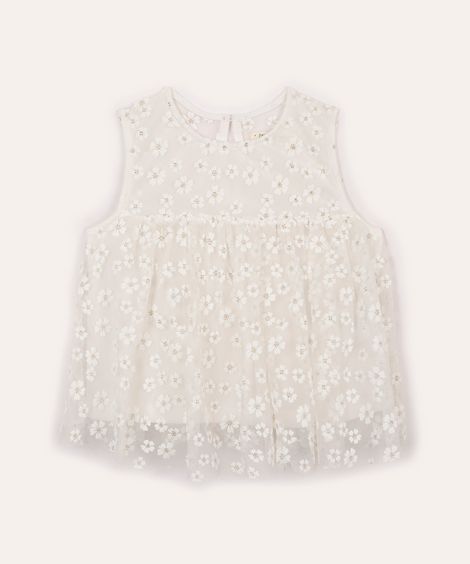 bata de tule infantil floral com brilho off white