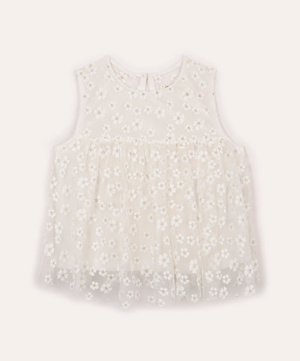 bata de tule infantil floral com brilho off white