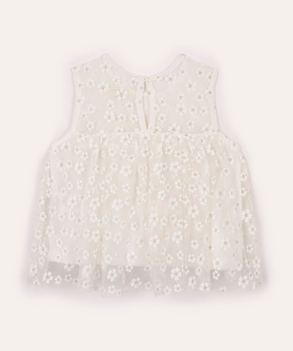 bata de tule infantil floral com brilho off white