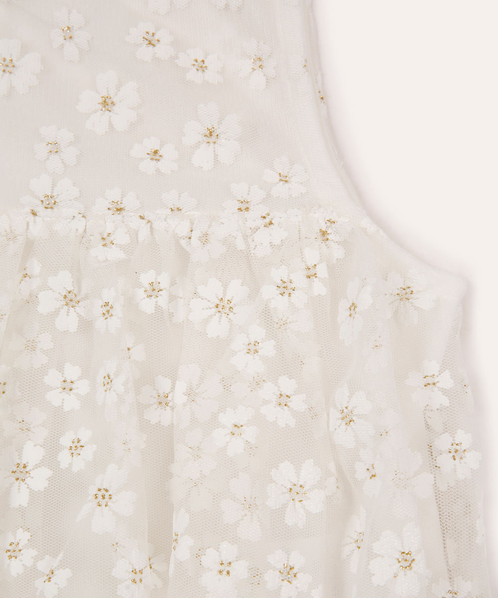 bata de tule infantil floral com brilho off white