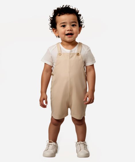 jardineira infantil curta com linho e camiseta off white