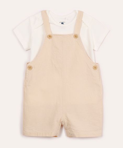 jardineira infantil curta com linho e camiseta off white