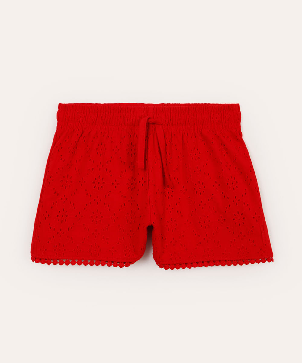 short infantil de algodão com laise vermelho