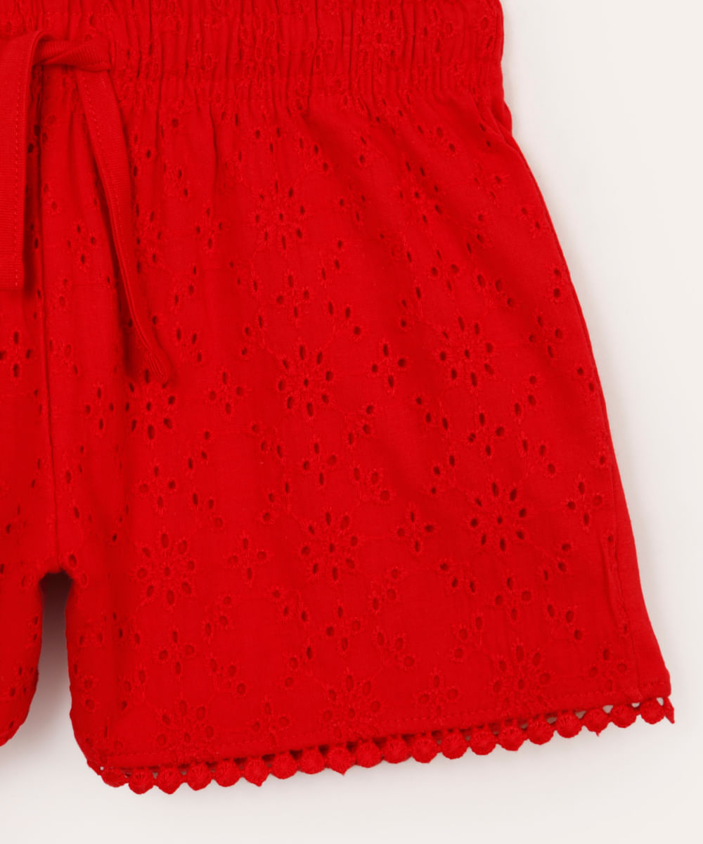 short infantil de algodão com laise vermelho
