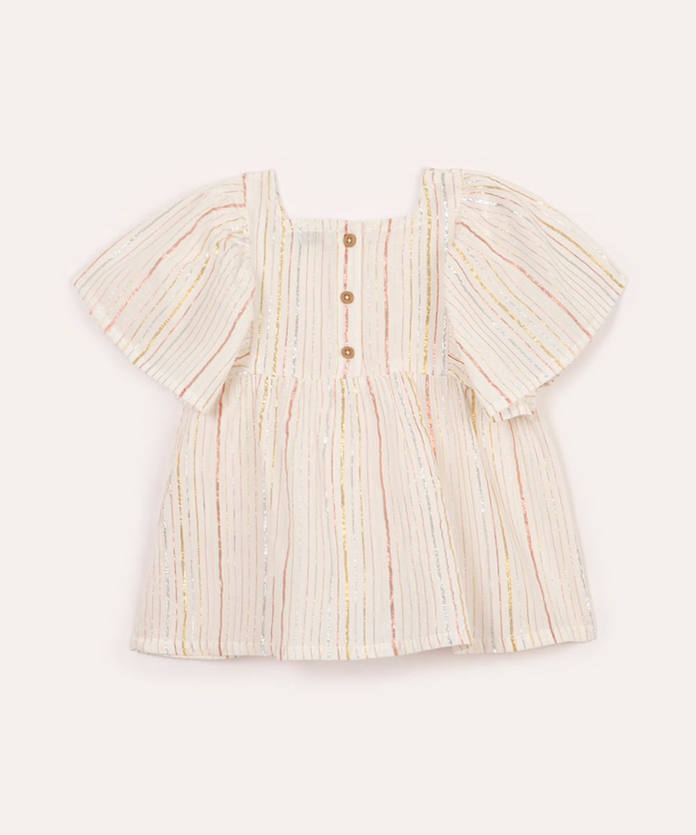 bata infantil de algodão com lurex listrada off white