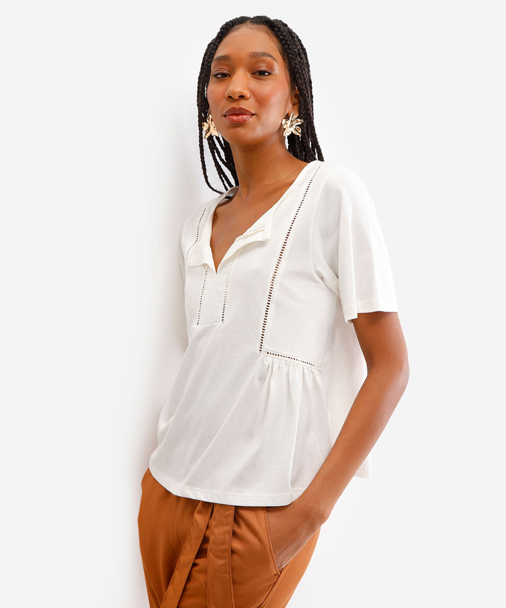 bata feminina de algodão manga curta off white