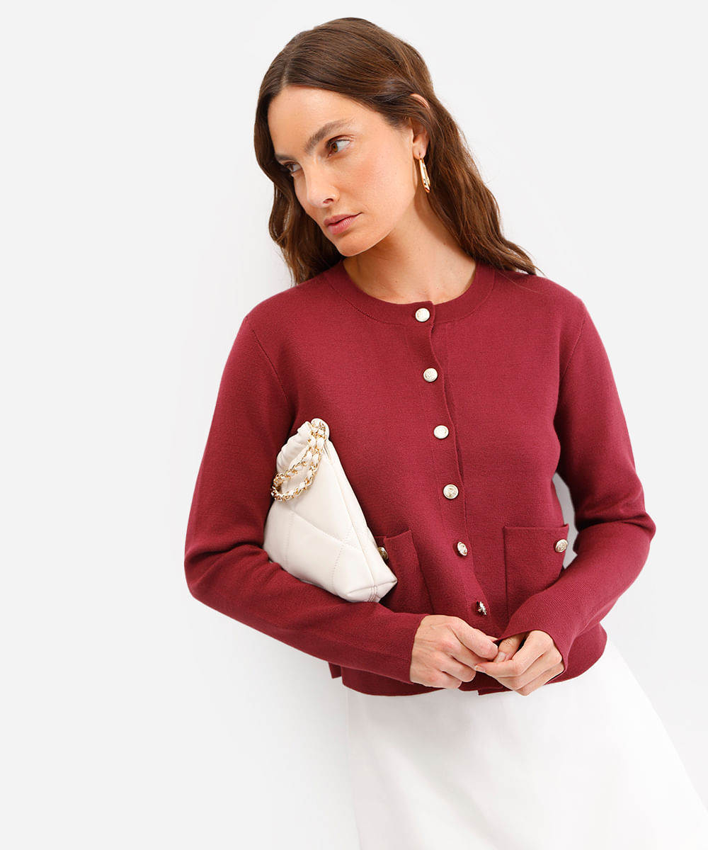 cardigan feminino de tricot com bolsos vinho