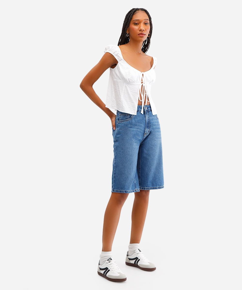 bermuda jorts feminina jeans cintura média azul