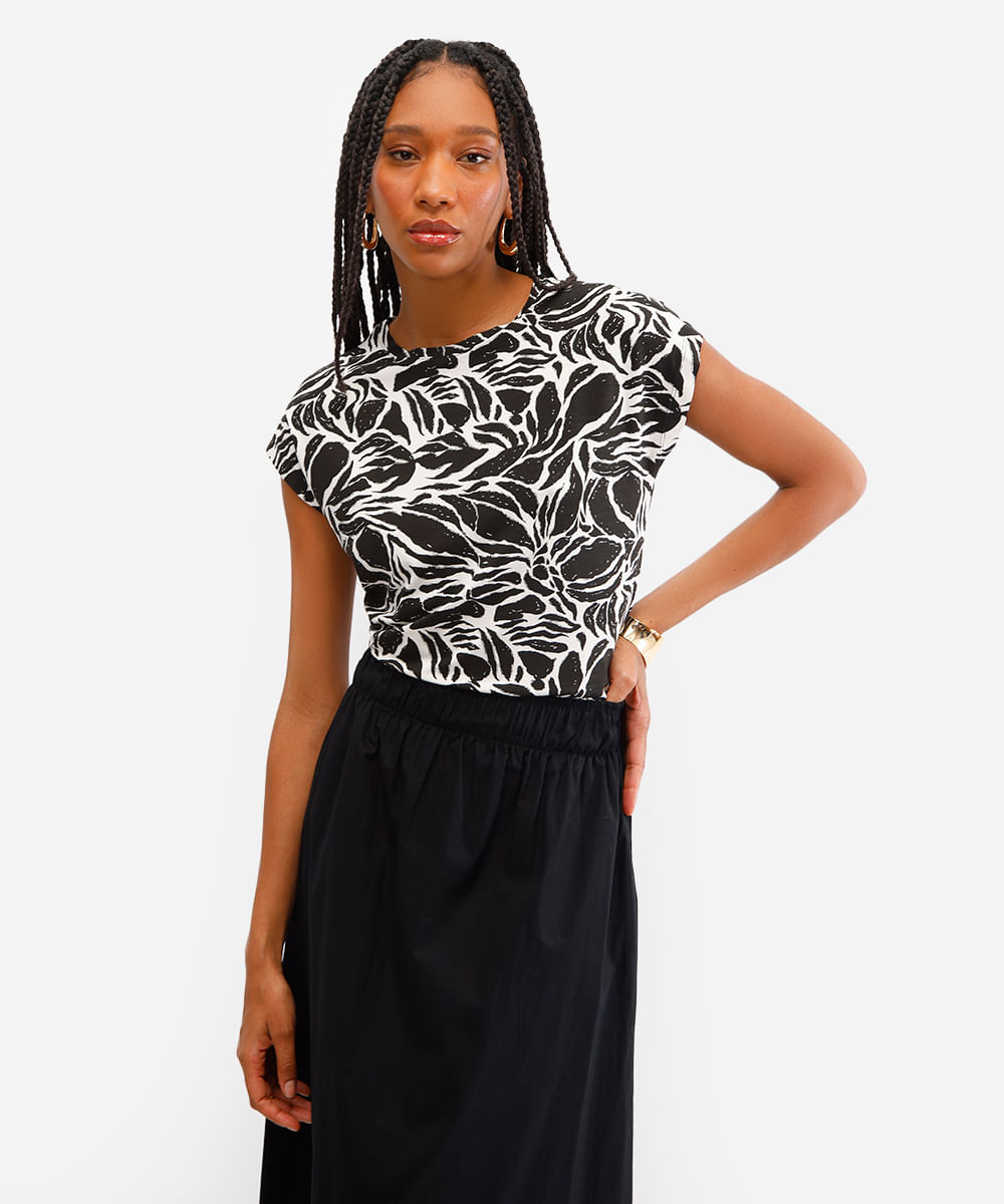 blusa feminina de viscose estampada preta