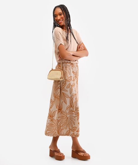 saia midi feminina texturizada folhagens bege