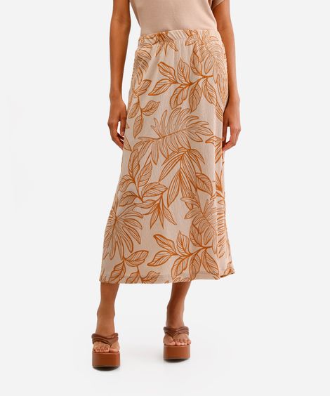 saia midi feminina texturizada folhagens bege