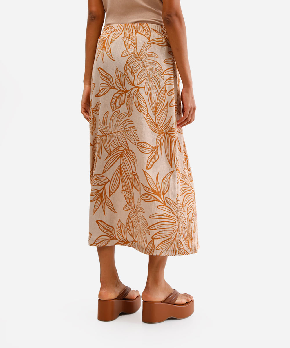 saia midi feminina texturizada folhagens bege