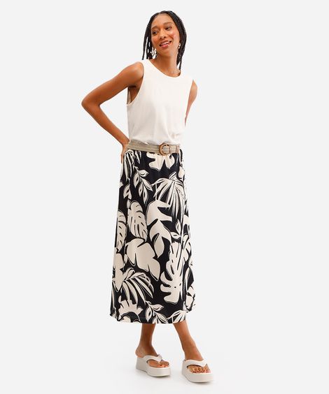 saia midi feminina texturizada folhagens bege