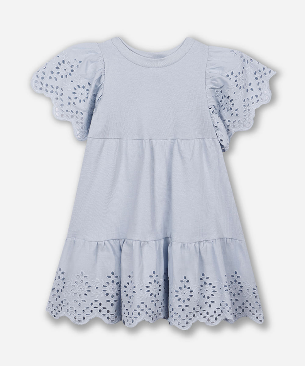 vestido infantil de algodão com bordado azul